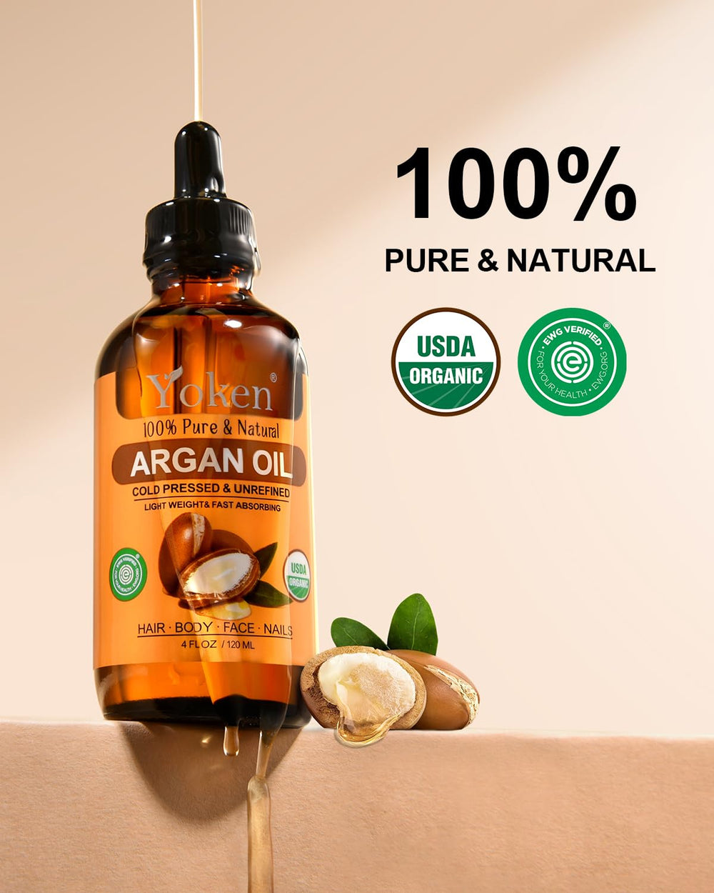 Yoken dropper dispensing pure argan oil demonstrating precise, no-waste application