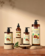 Yoken using jojoba oil on face to lock in moisture and smooth skin