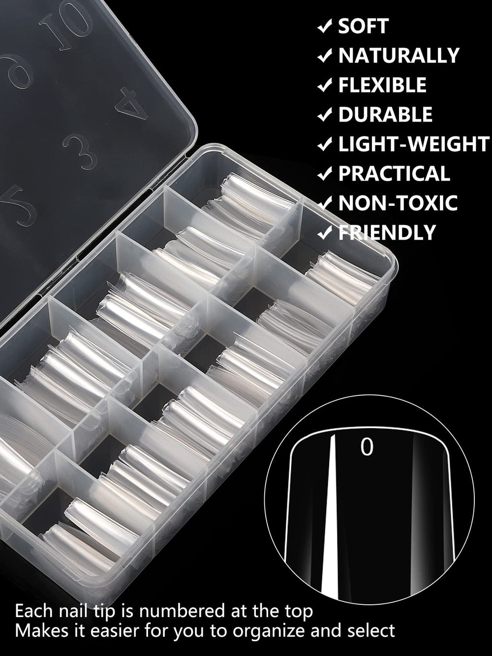 Yokilly numbered tips in clear case displaying ten sizes for quick selection