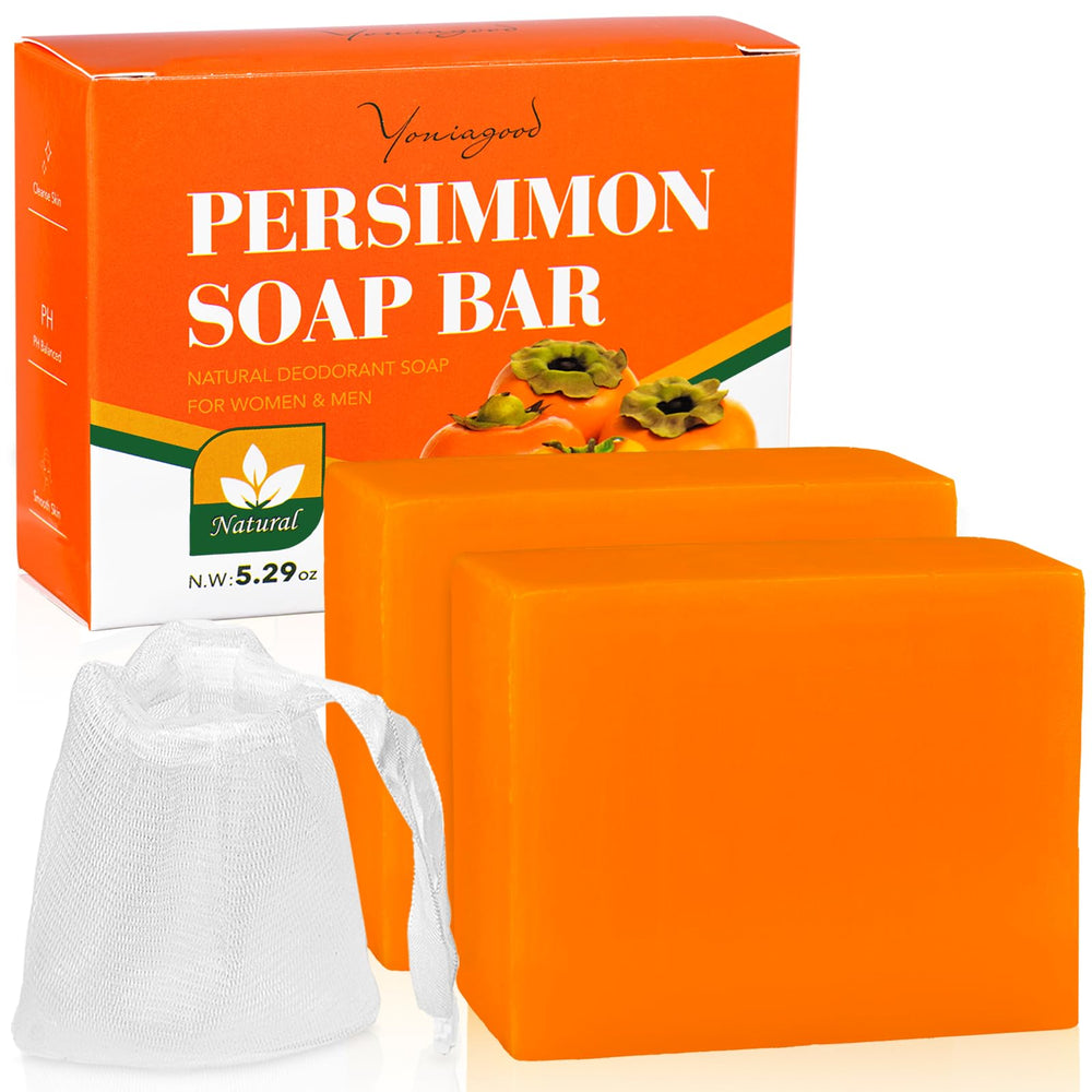 yoniagood front packaging showing two persimmon soap bars and clear branding benefit: natural deodorizing