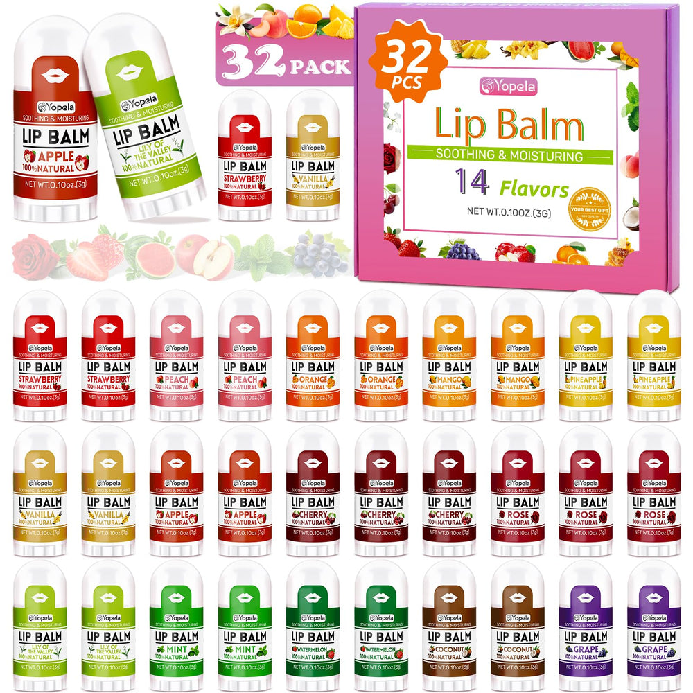 Yopela front packaging showing 32 mini lip balms and flavor variety for gifting