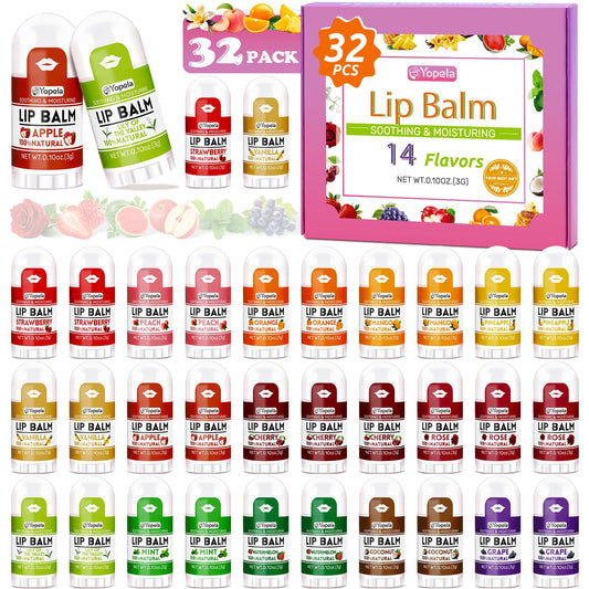 Yopela front packaging showing 32 mini lip balms and flavor variety for gifting