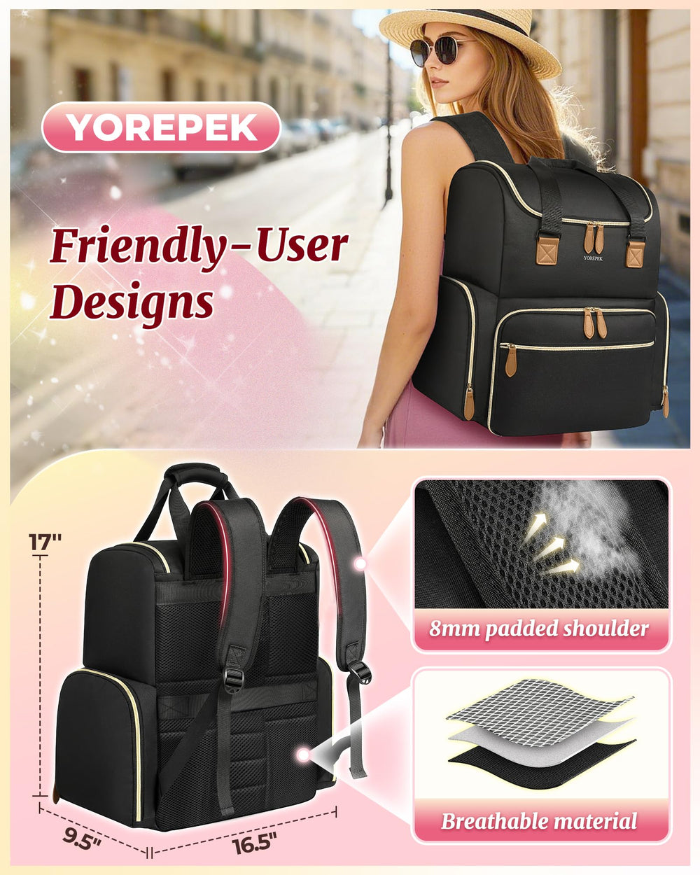 YOREPEK worn as backpack by stylist for comfortable travel between jobs