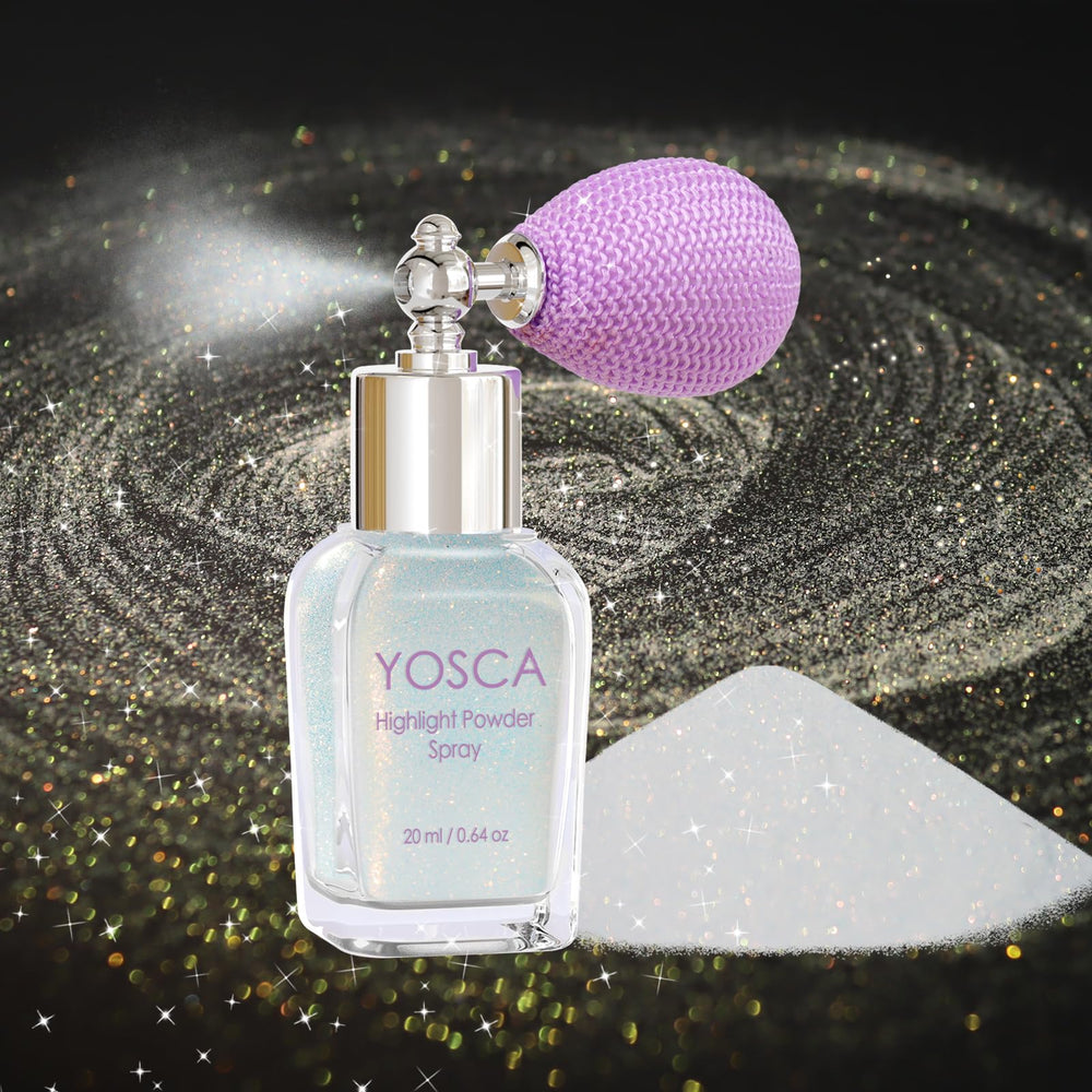 Yosca front glass-style bottle displaying elegant glitter packaging and instant glam