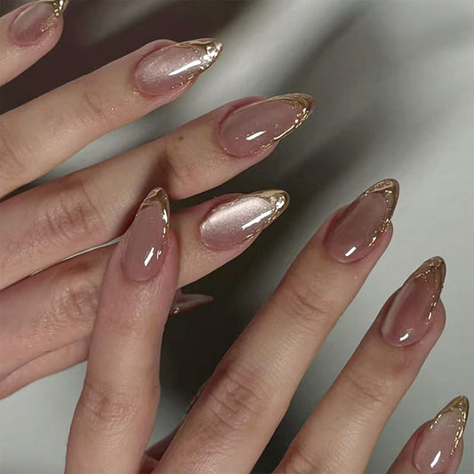 YOSOMMK front packaging showing pink gold almond press-on nails and kit benefits