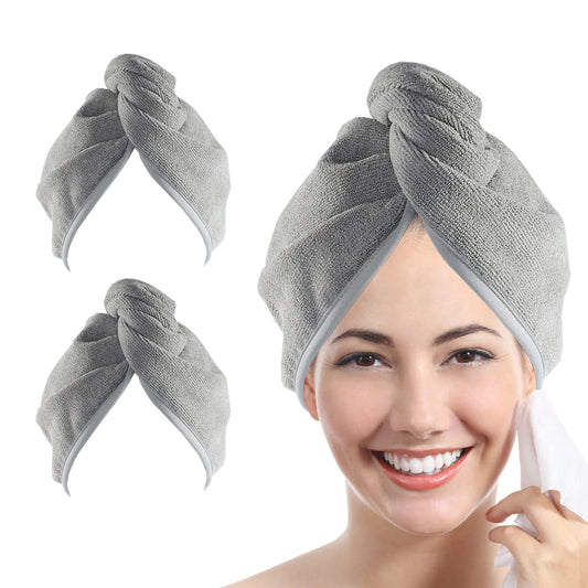 YoulerTex front packaging showing two gray hair towel wraps, convenient two-pack