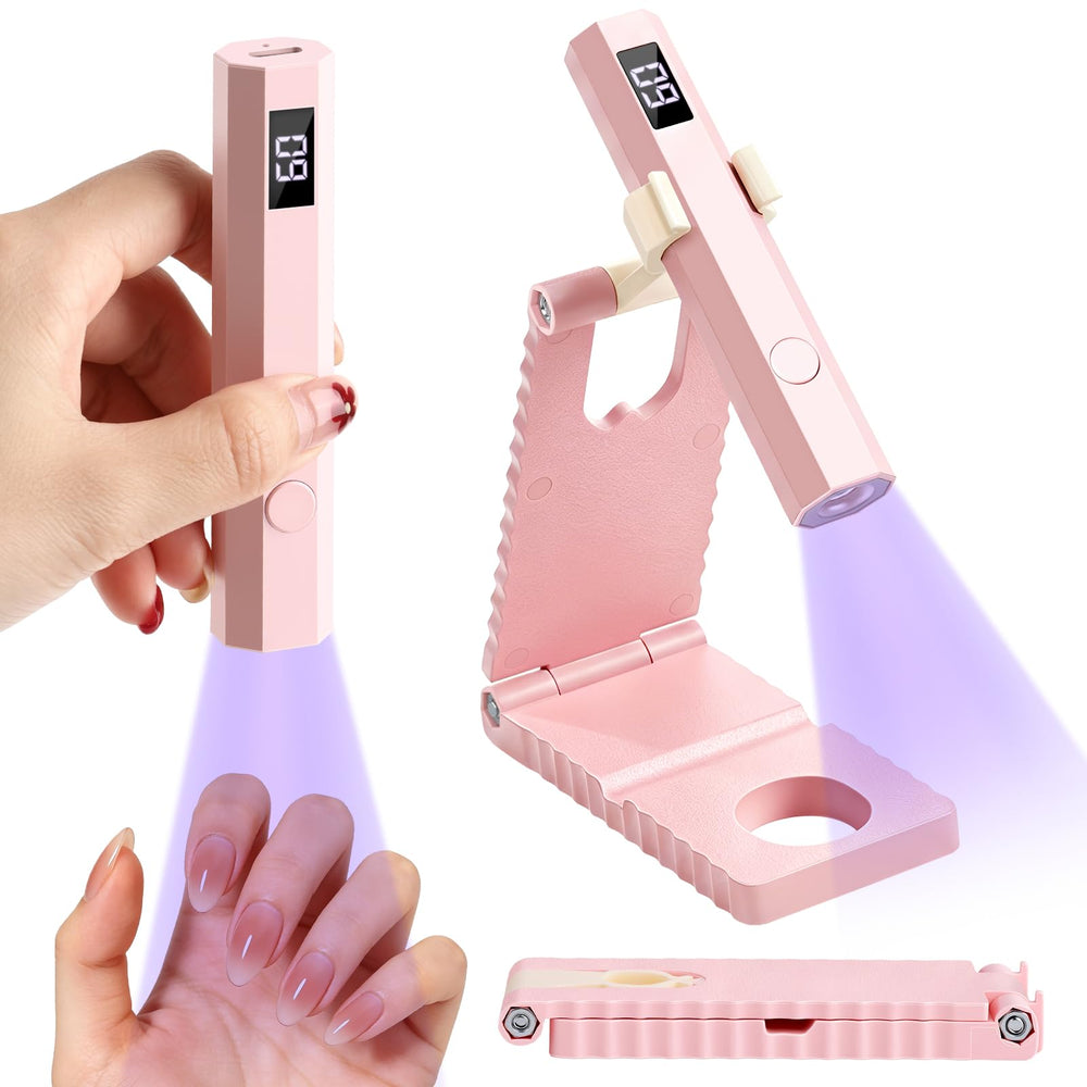 YSC handheld UV light front with stand showing compact stability and fast cure