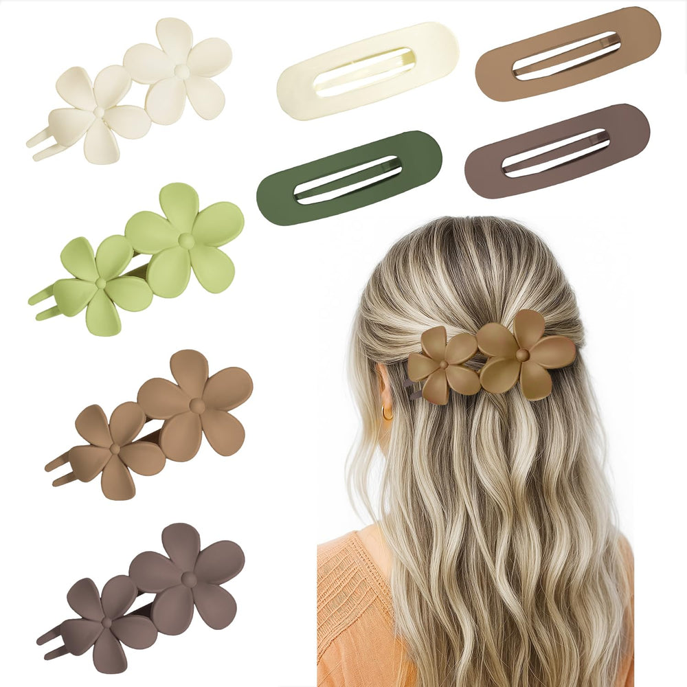YTQDSS front view of eight flat and floral claws showing color options and benefits
