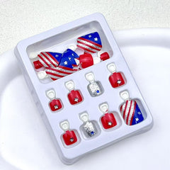 YUEJIMEIGUI applied on toes wearing sandals showing festive patriotic pedicure look