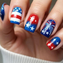 YUEJIMEIGUI front packaging showing 24 patriotic press-on nails benefits quick setup