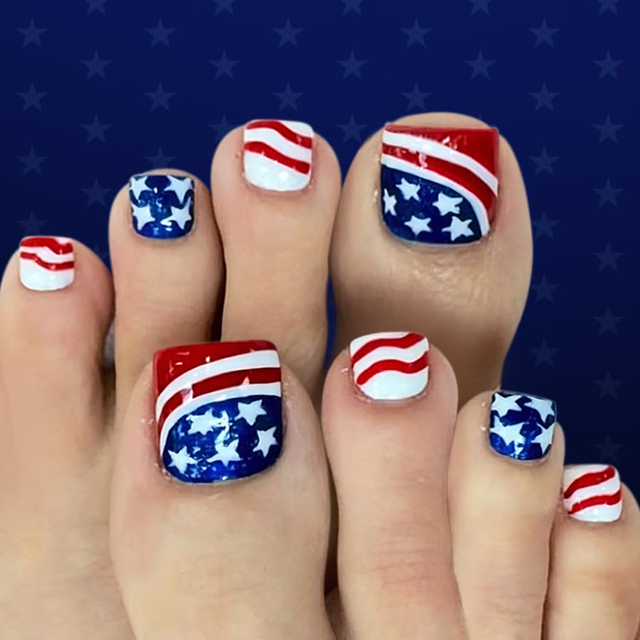 YUEJIMEIGUI front packaging showing 24-piece patriotic toenails set and included tools