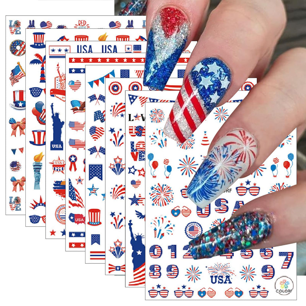 YUEJIMEIGUI front view of eight patriotic sticker sheets showing selection and variety