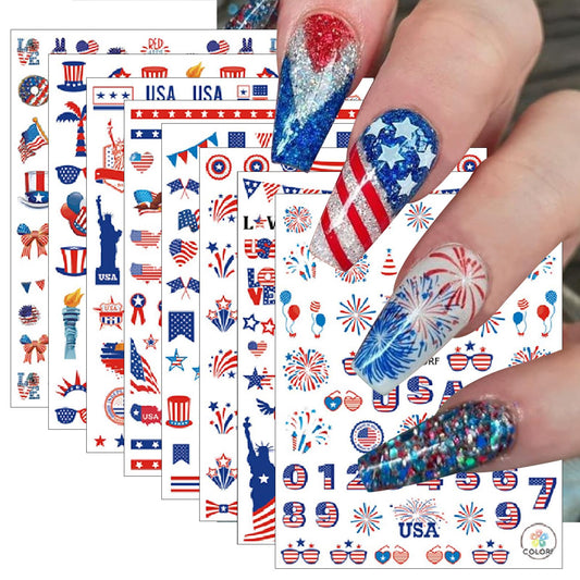 YUEJIMEIGUI front view of eight patriotic sticker sheets showing selection and variety