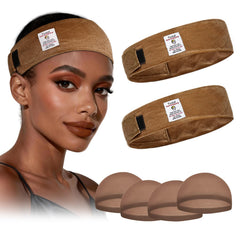Two Yuest bands and four wig caps laid flat displaying included items