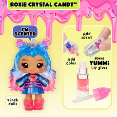 Yummiland Roxie held in hand for size comparison showing 4-inch scale and child-friendly design
