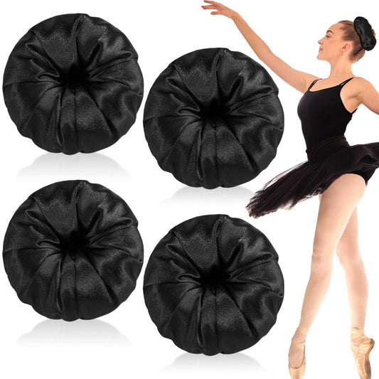 Yuxung front view of four black satin bun donuts, neat compact storage benefit