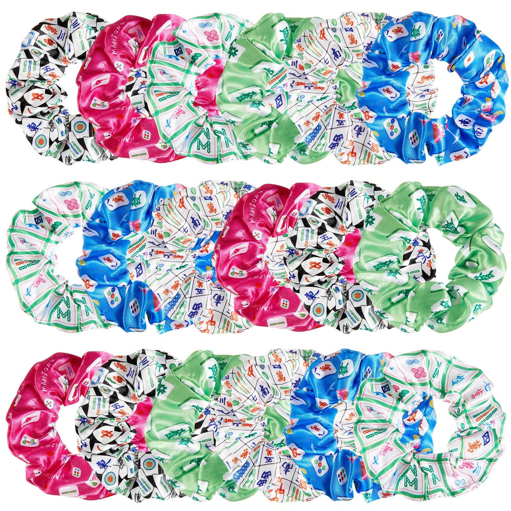 Yuxung front view of 18-piece scrunchies set showing colorful mahjong patterns and gift-ready appeal