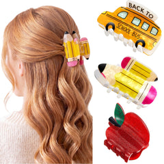 Yuxung front view of three teacher clips showing colorful pencil bus apple designs and durable grip