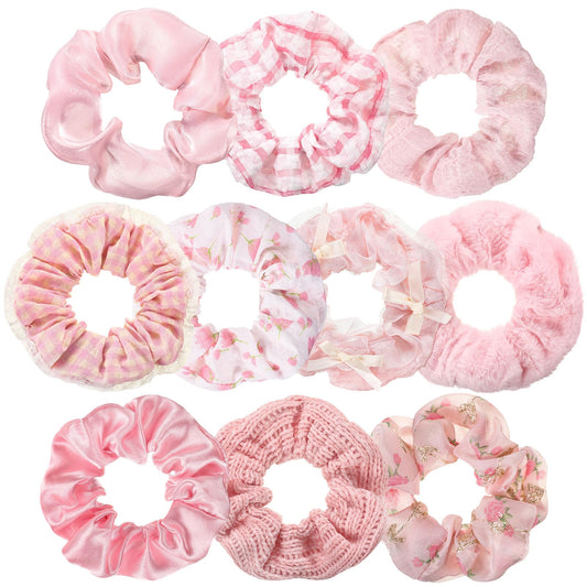 Yuxung front view of 10-piece pink scrunchie set showing variety and color cohesion