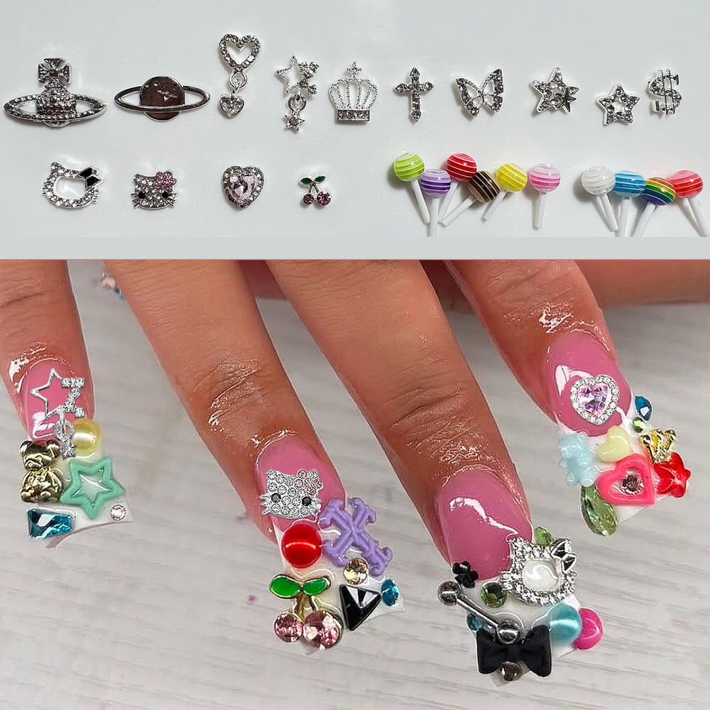 ZAKCBEAUR charms applied to press-on nails demonstrating easy DIY styling