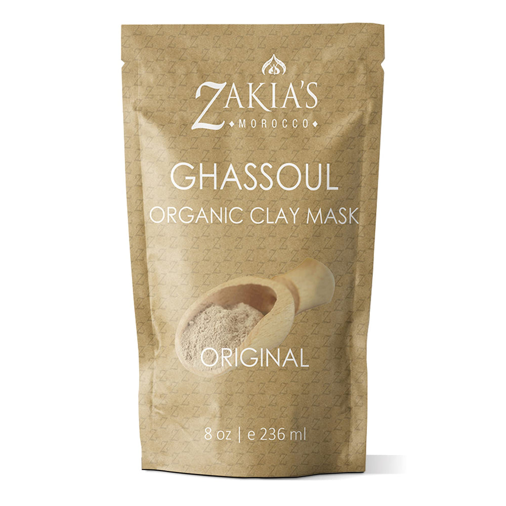 Zakia's Morocco front pouch displaying organic ghassoul clay, clear branding and contents