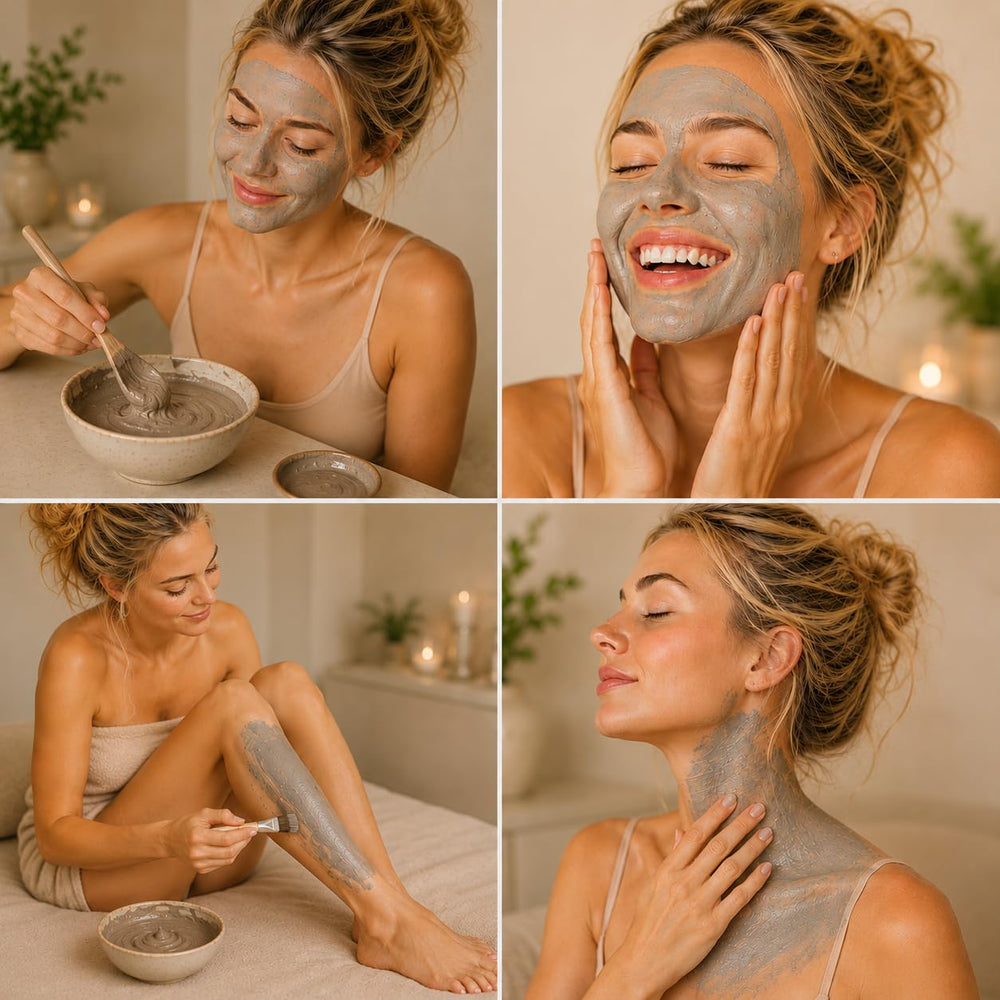 Zakia's Morocco clay in a serene bathroom setting, promotes ritual self-care use