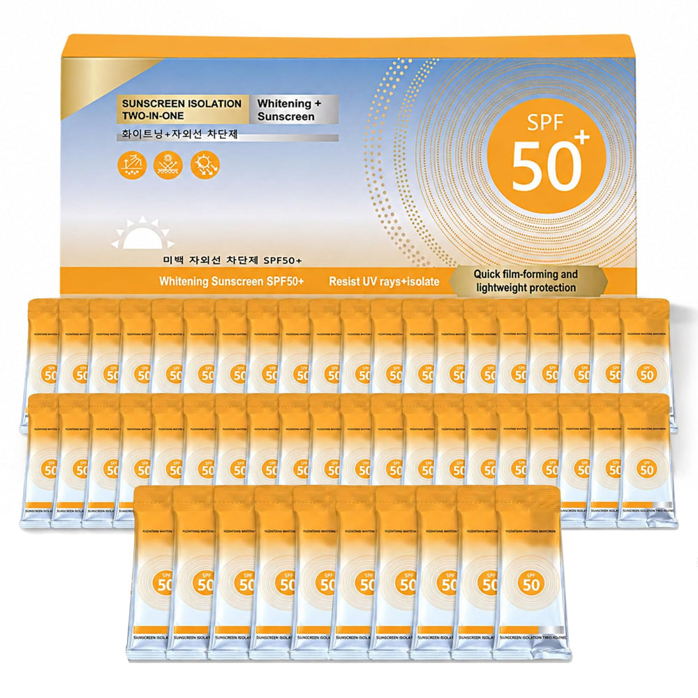 ZARICS front view of 50 mini sunscreen packets showing compact bulk and convenience