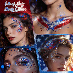 ZARICS model wearing cheek and shoulder glitter for festive Fourth of July look
