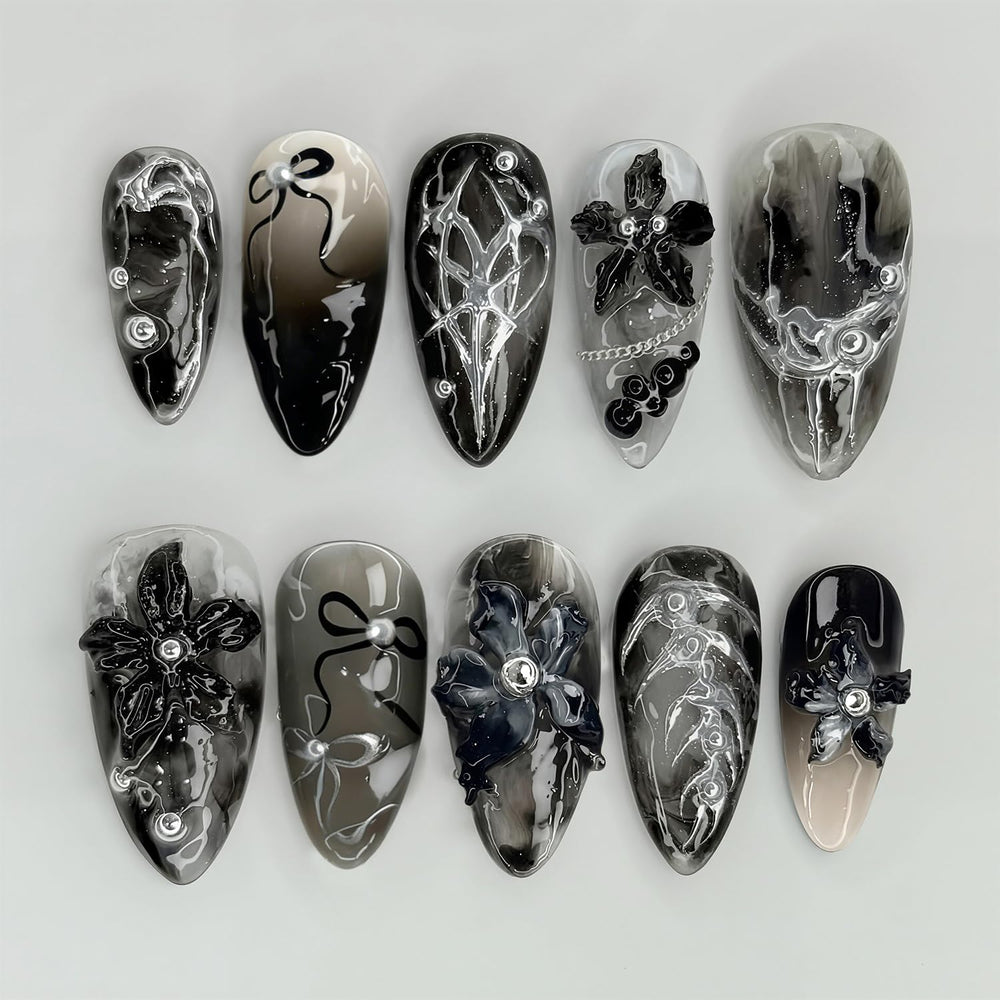 ZASKHLD front packaging showing black gothic almond press-on nails and contents for instant style