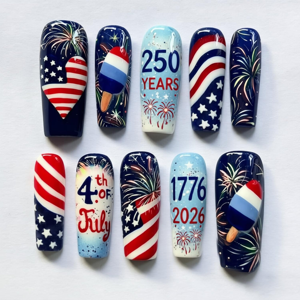 ZASKHLD front packaging showing 24-piece patriotic nail set and quick benefits