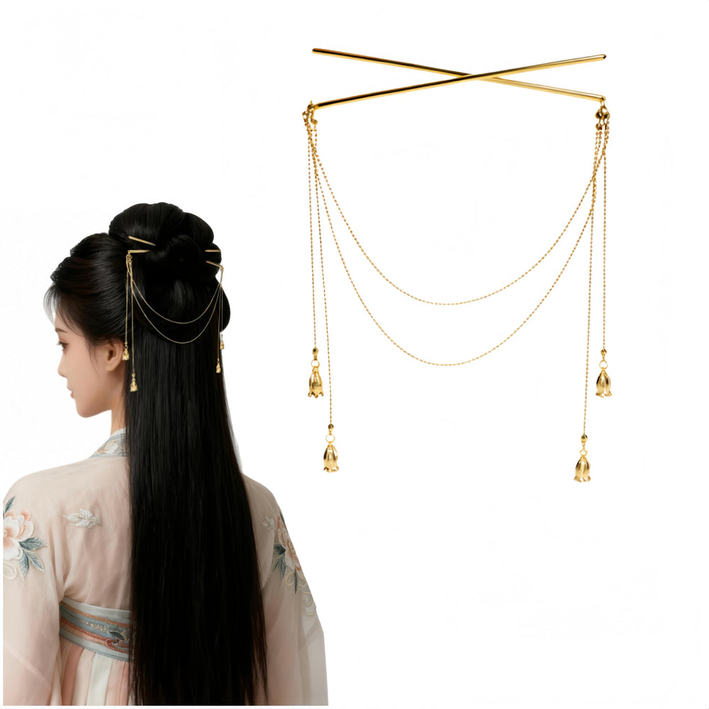Zaxomum front view showing gold hair pins and tassel adding elegant shine