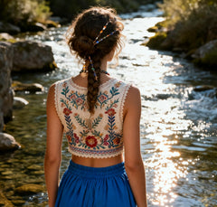 Zaxomum used in a boho wedding updo demonstrating elegant accessory enhancement