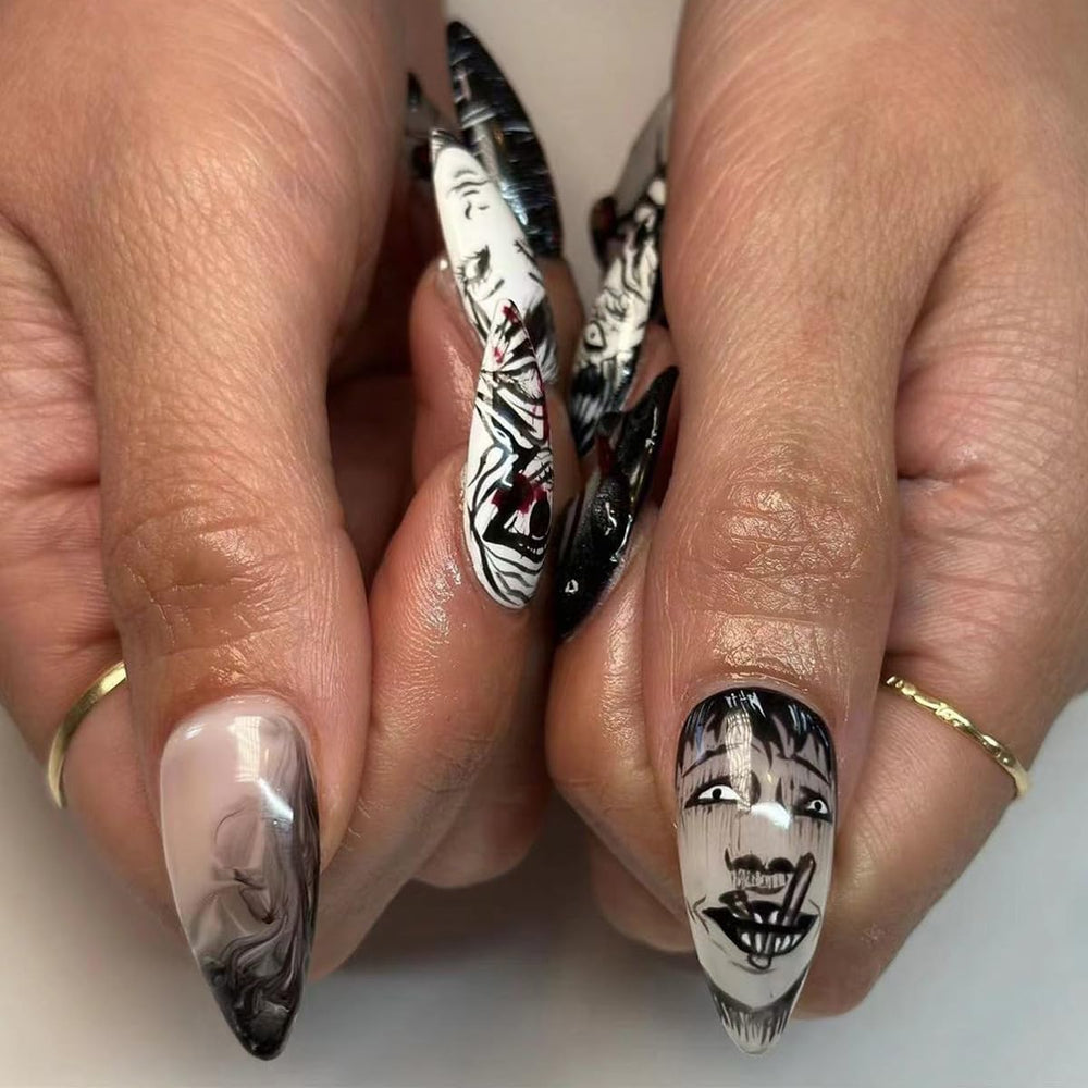 ZDIWOO close-up of almond nail patterns showing crisp punk anime detail for visual impact