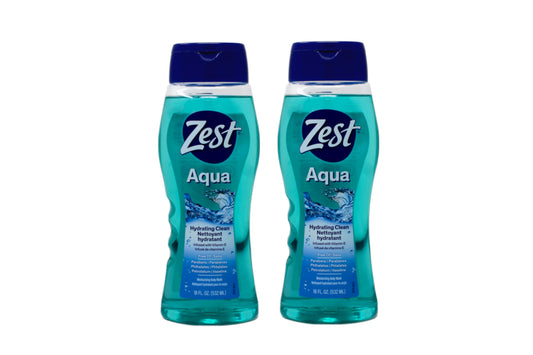 Zest front packaging showing two 18 ounce bottles and clear aqua label for value
