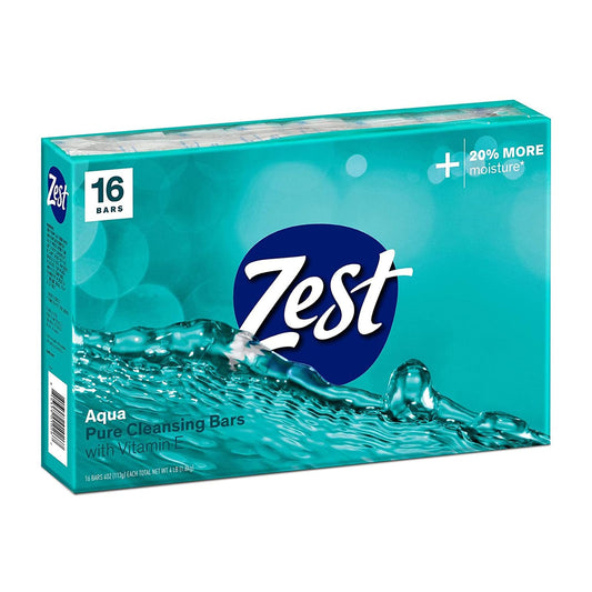 Zest front packaging showing 16-piece aqua bars and clear branding benefit