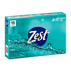 Zest front packaging showing 16-piece aqua bars and clear branding benefit