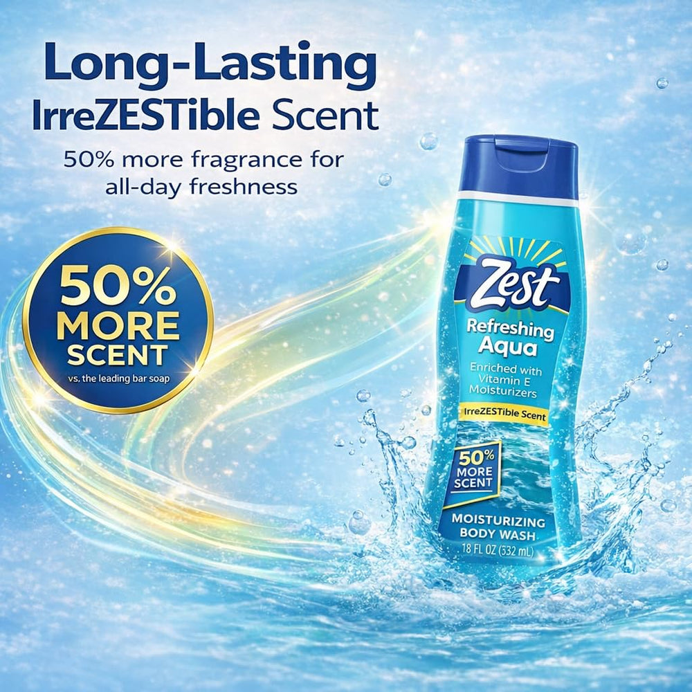 Zest bottle in shower scene illustrating everyday use and refreshing cleansing benefit