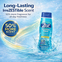 Zest bottle in shower scene illustrating everyday use and refreshing cleansing benefit