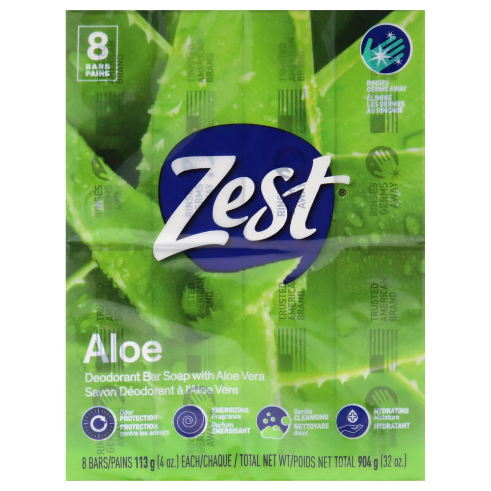 Zest front packaging showing eight Fresh Aloe bars and value pack benefit