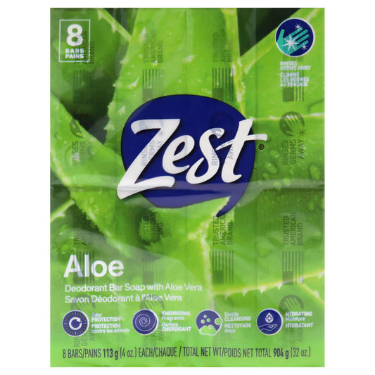 Zest front packaging showing eight Fresh Aloe bars and value pack benefit