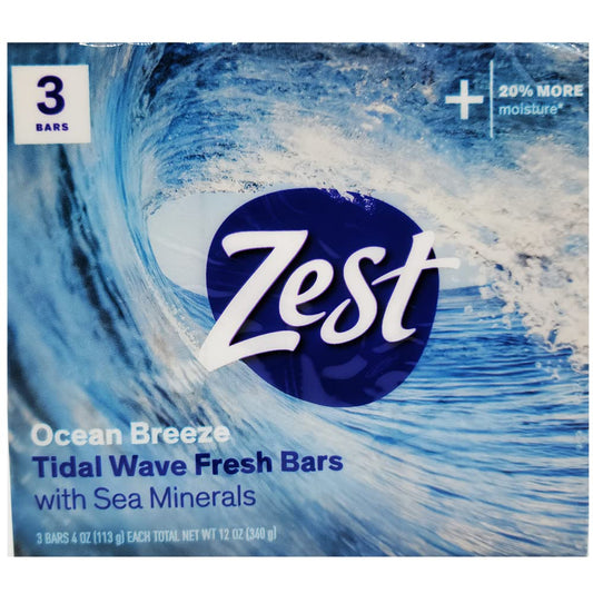 Zest front packaging showing three ocean breeze bars and readable branding benefit: clear product info