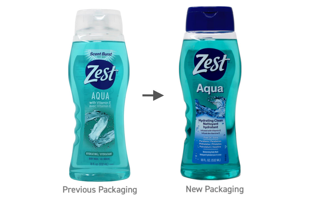 Zest bottle beside a common shampoo for size comparison and travel convenience
