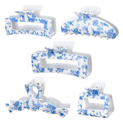 Zeyune front packaging of five blue floral claw clips showing set variety and gifting appeal