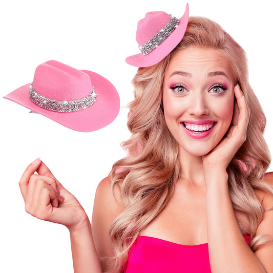 Zeyune pink cowboy hat clip front view showing glossy rhinestones and playful shape