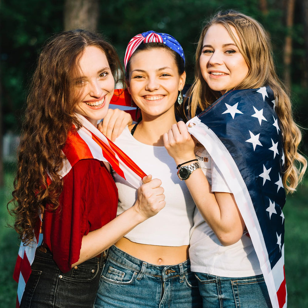ZHAZHANIU headband in family group scene showing coordinated patriotic look