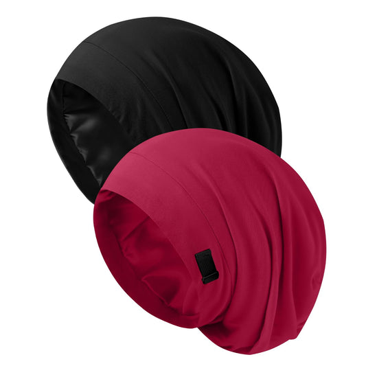 ZHENSILK front view of satin-lined bonnet showing fit and colors, protects hair overnight