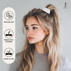ZHENSILK scrunchies laid flat in four colors showing variety and daily styling options