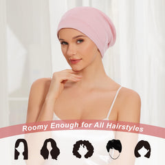 ZHENSILK size comparison with hand illustrates roomy fit for all hair