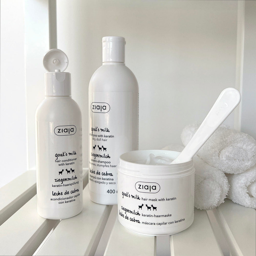 Ziaja label closeup highlighting keratin and goat's milk ingredients for repair