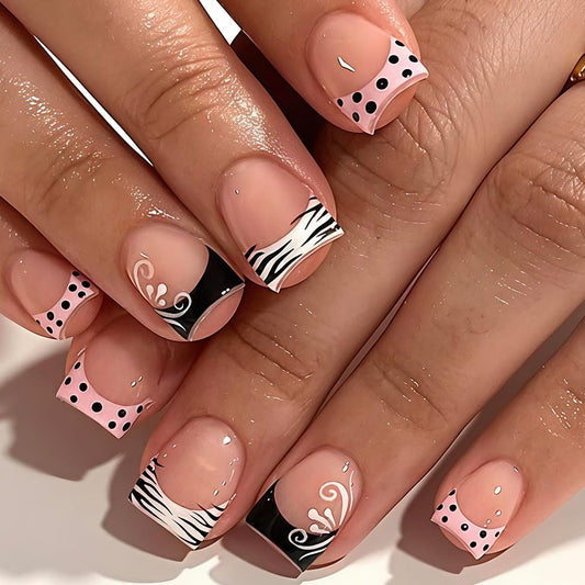 ZIFANHU front packaging showing 24-piece pink polka dot nails and clear benefit